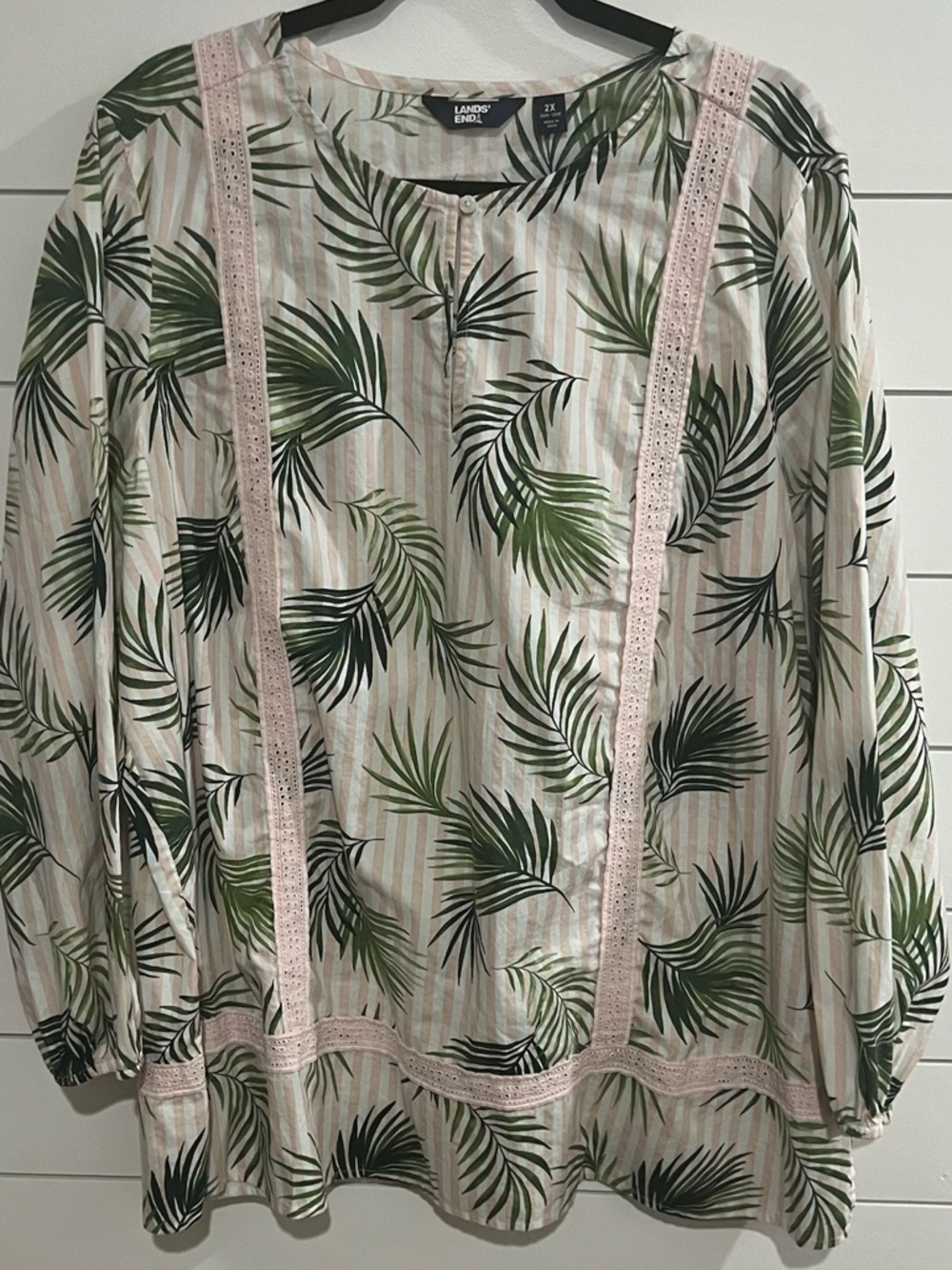Lands' End Cream Tunic with Green Palm Print and Pink Lace Trim